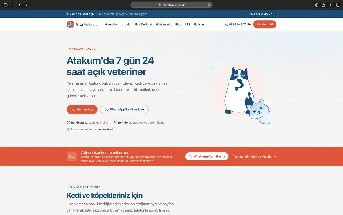 Vita Veteriner ana sayfası: 'Atakum'da 7 gün 24 saat açık veteriner' başlığı, arama ve WhatsApp randevu butonları, kedi-köpek illüstrasyonu.